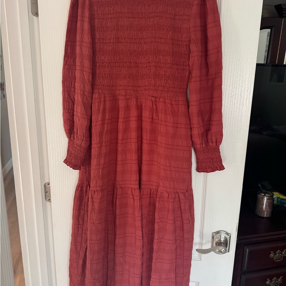 Women’s Long Sleeve Smocked Midi Dress - Rust Red